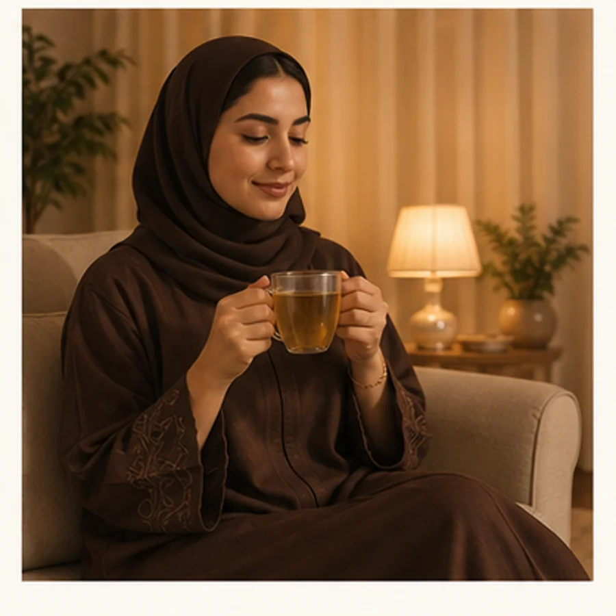 امرأة سعودية تمسك كوب هدوء دافية في المساء