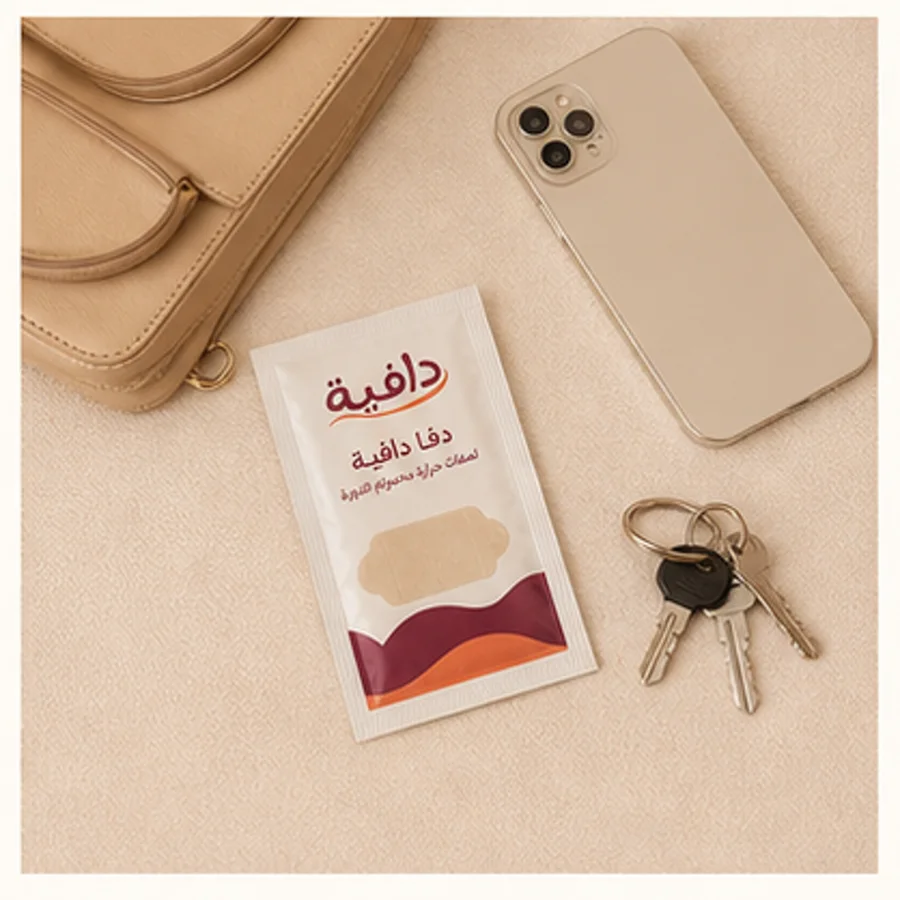 لصقة دفا دافية بجانب حقيبة وجوال ومفاتيح